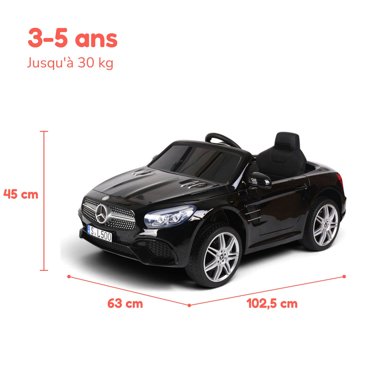 Dimensions de la Mercedes SL500 enfant : 102,5 × 63 × 45 cm, de 3 à 5 ans, jusqu'à 30 kg