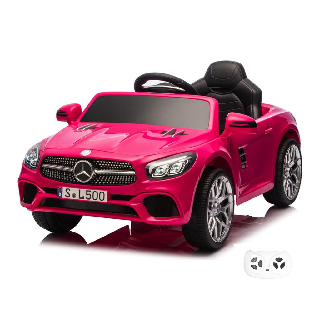Mercedes SL500 rose, voiture électrique enfant 12V lithium, vue trois quarts avant avec sa télécommande