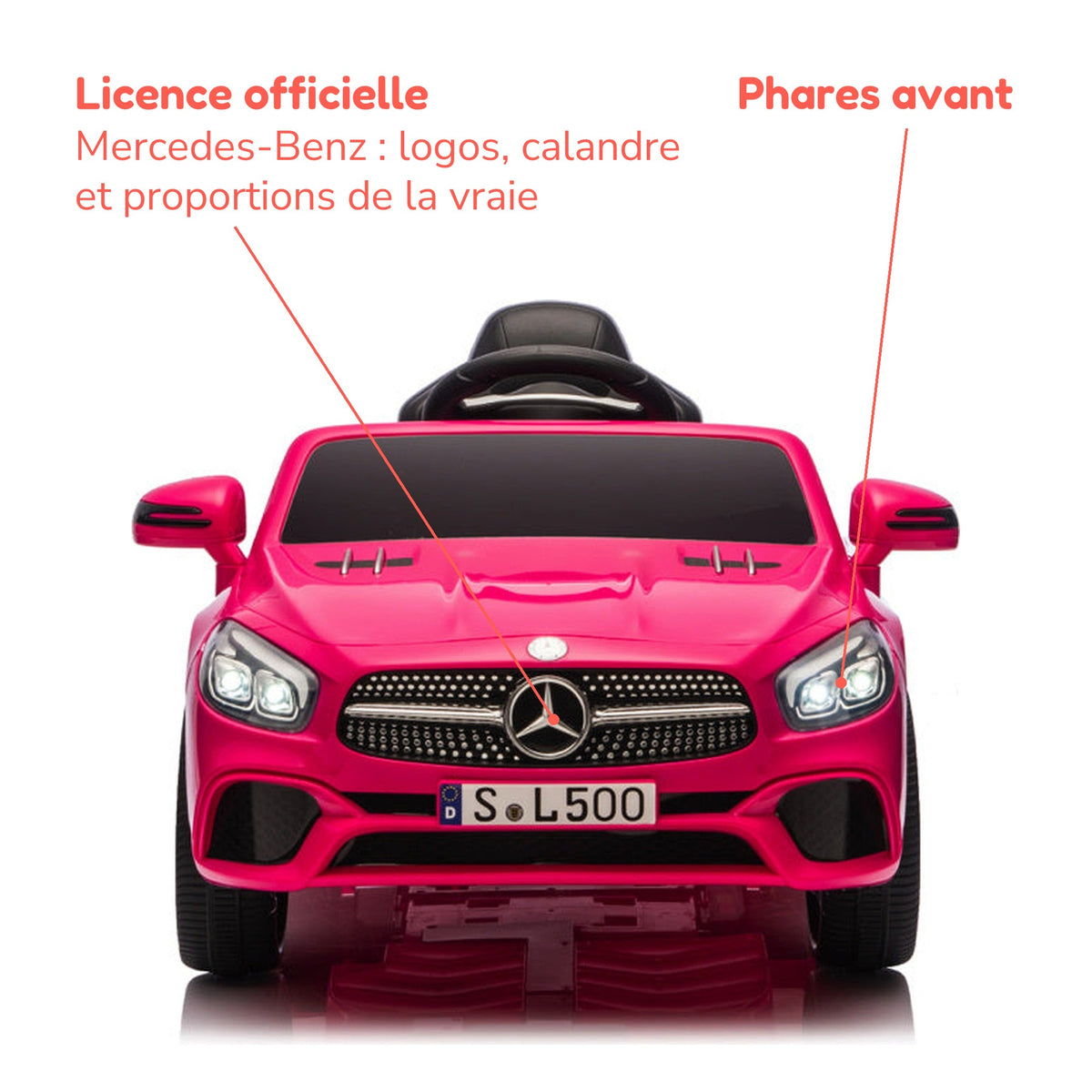 Mercedes SL500 rose enfant sous licence officielle Mercedes-Benz, phares avant