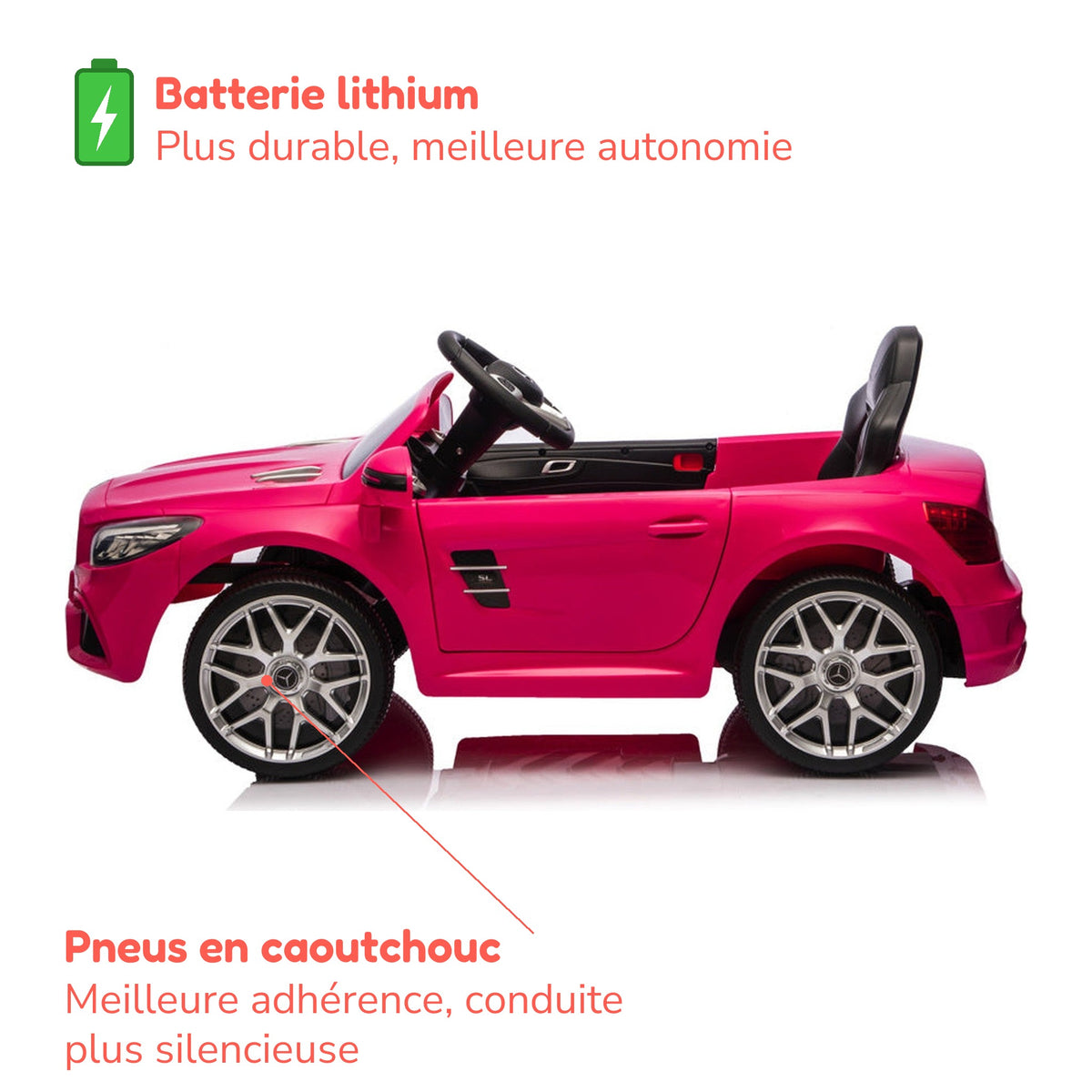 Batterie lithium plus durable, meilleure autonomie, et pneus en caoutchouc de la Mercedes SL500 enfant