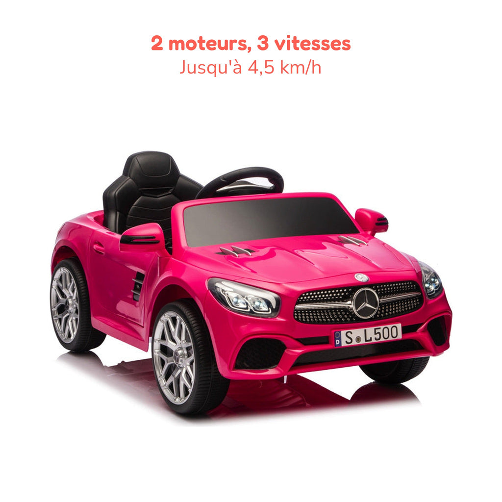 Mercedes SL500 rose enfant, 2 moteurs et 3 vitesses jusqu'à 4,5 km/h