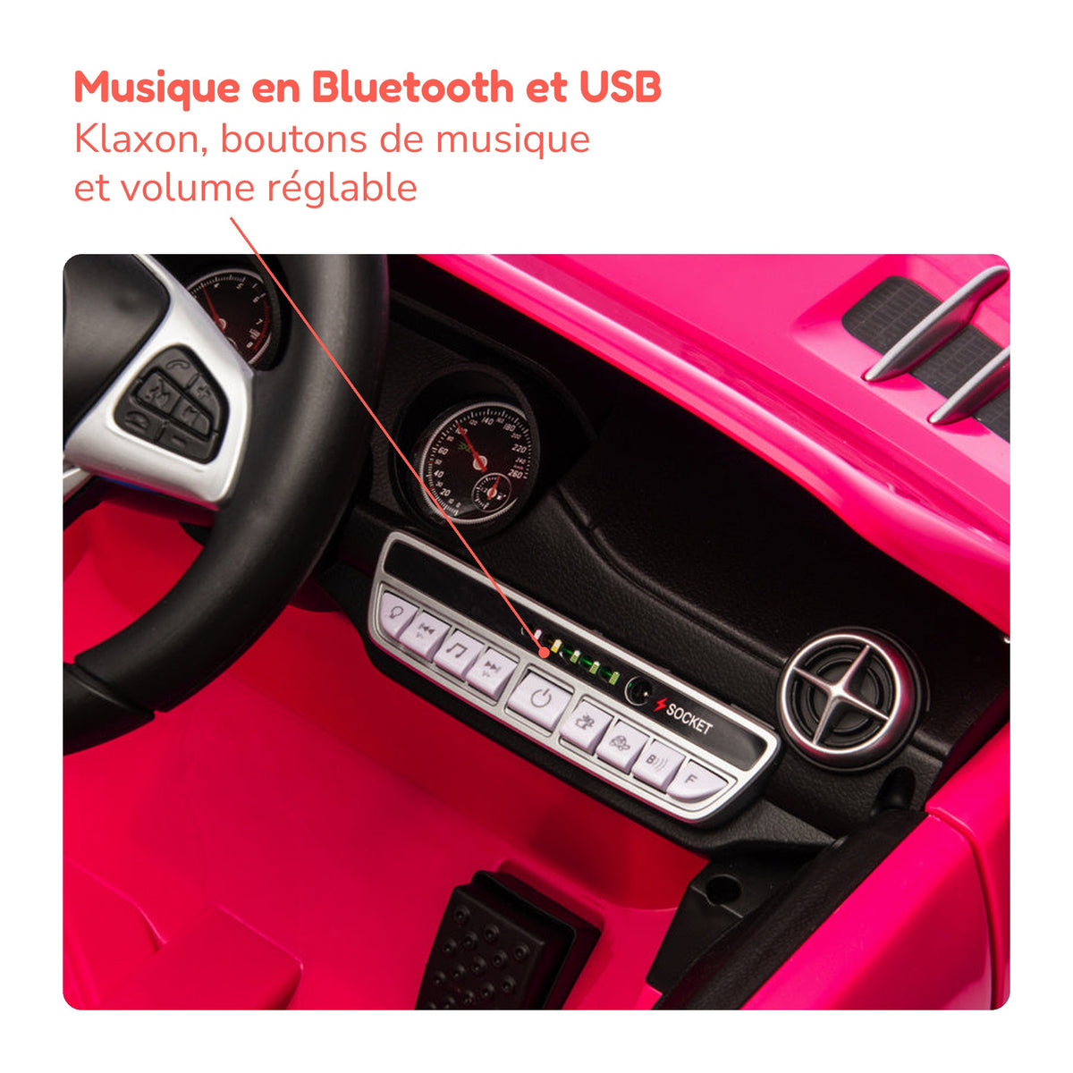 Tableau de bord de la Mercedes SL500 enfant : musique Bluetooth et USB, klaxon, volume réglable