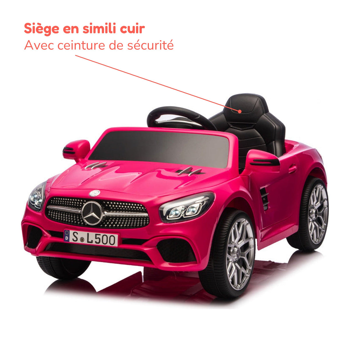 Siège en simili cuir avec ceinture de sécurité de la Mercedes SL500 enfant