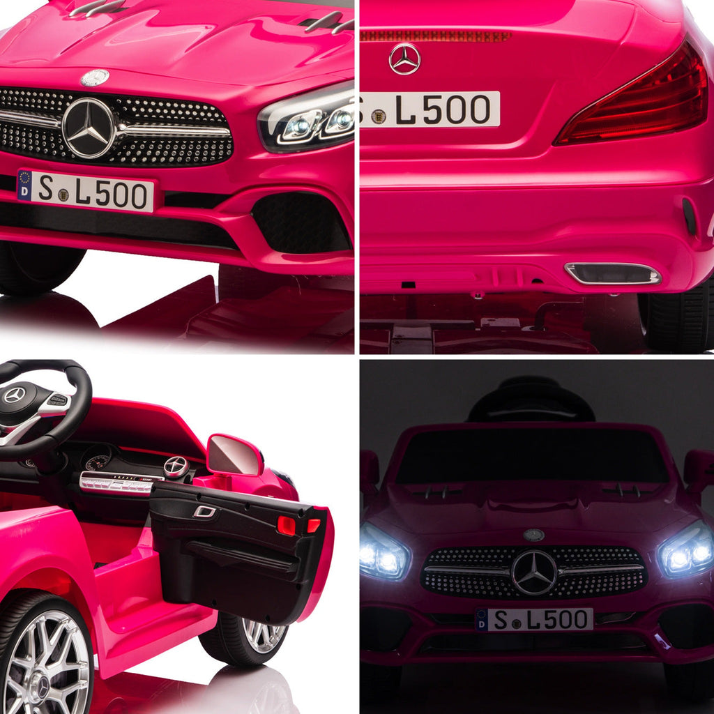 Détails de la Mercedes SL500 rose enfant : jante, arrière, tableau de bord et phares