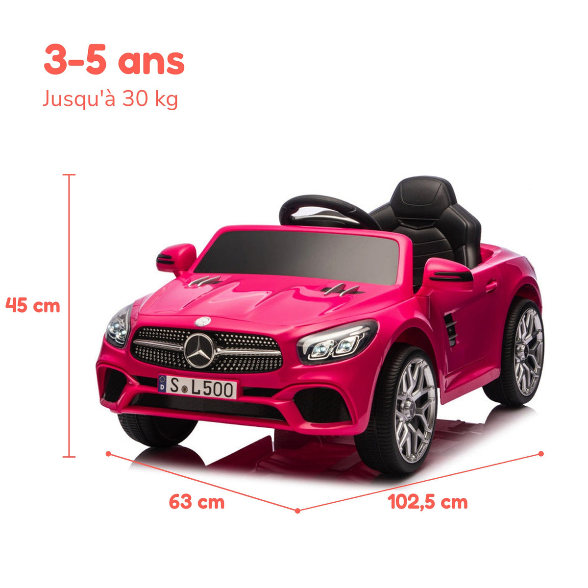 Dimensions de la Mercedes SL500 enfant : 102,5 × 63 × 45 cm, de 3 à 5 ans, jusqu'à 30 kg