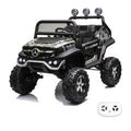 Mercedes Unimog camouflage, buggy électrique enfant 12V 4x4 2 places, vue trois quarts avant avec sa télécommande