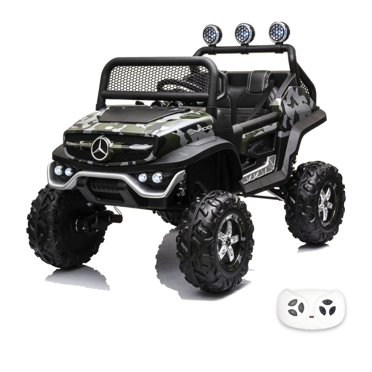 Mercedes Unimog camouflage, buggy électrique enfant 12V 4x4 2 places, vue trois quarts avant avec sa télécommande