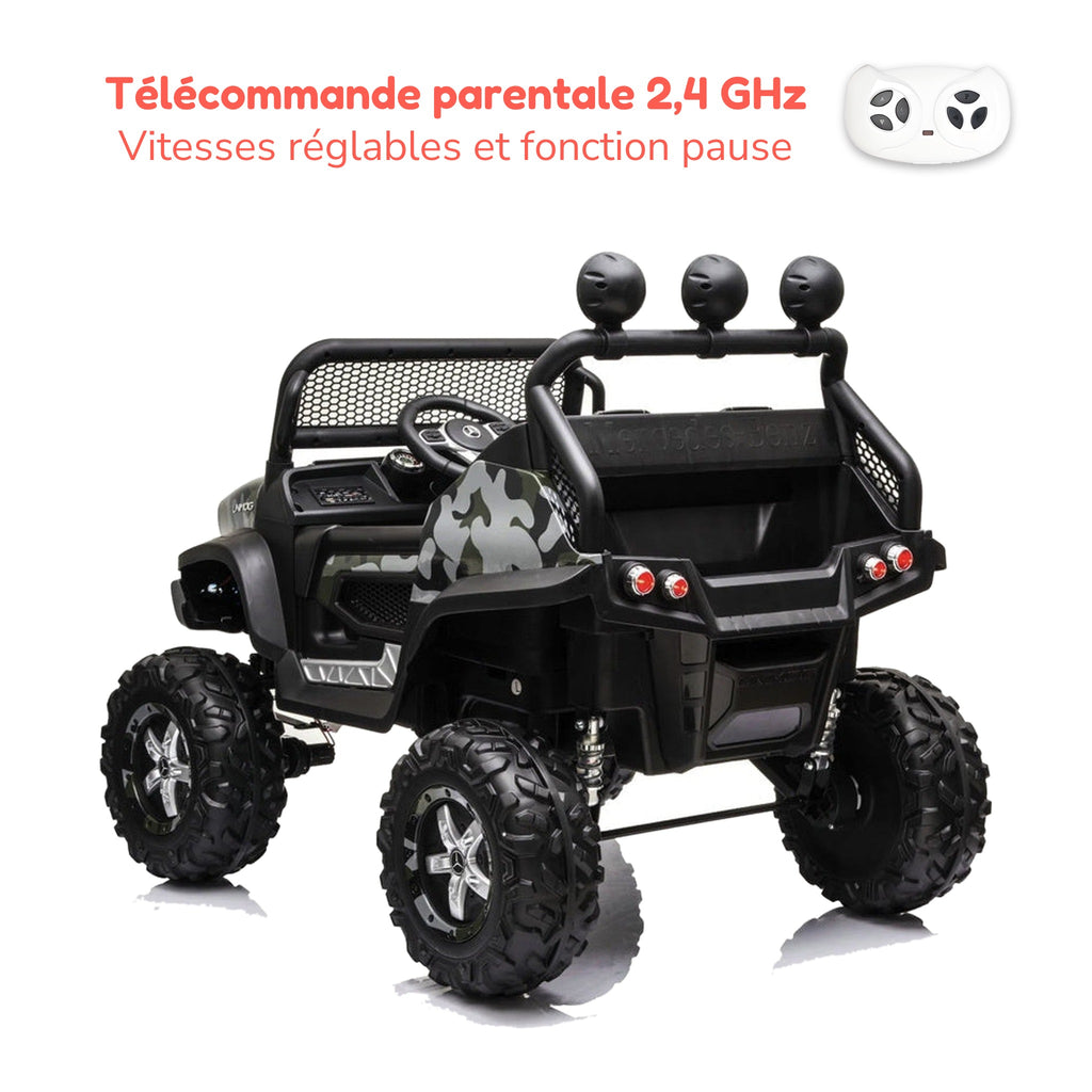 Télécommande parentale 2,4 GHz du Mercedes Unimog enfant, vitesses réglables et fonction pause