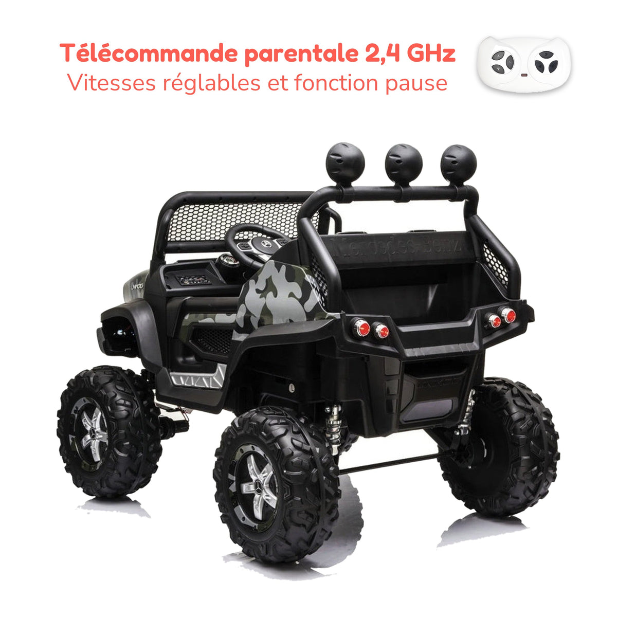 Télécommande parentale 2,4 GHz du Mercedes Unimog enfant, vitesses réglables et fonction pause