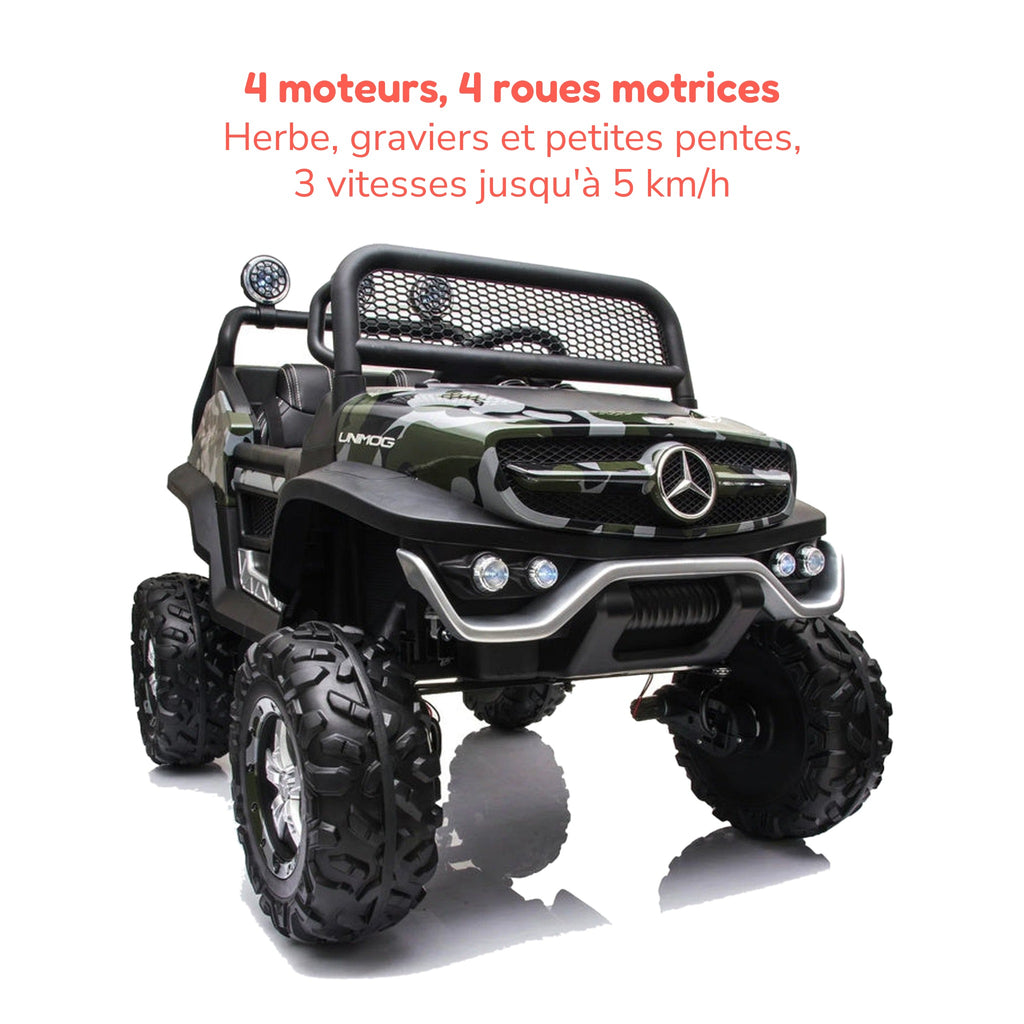 Mercedes Unimog camouflage enfant, 4 moteurs, 4 roues motrices, 3 vitesses jusqu'à 5 km/h
