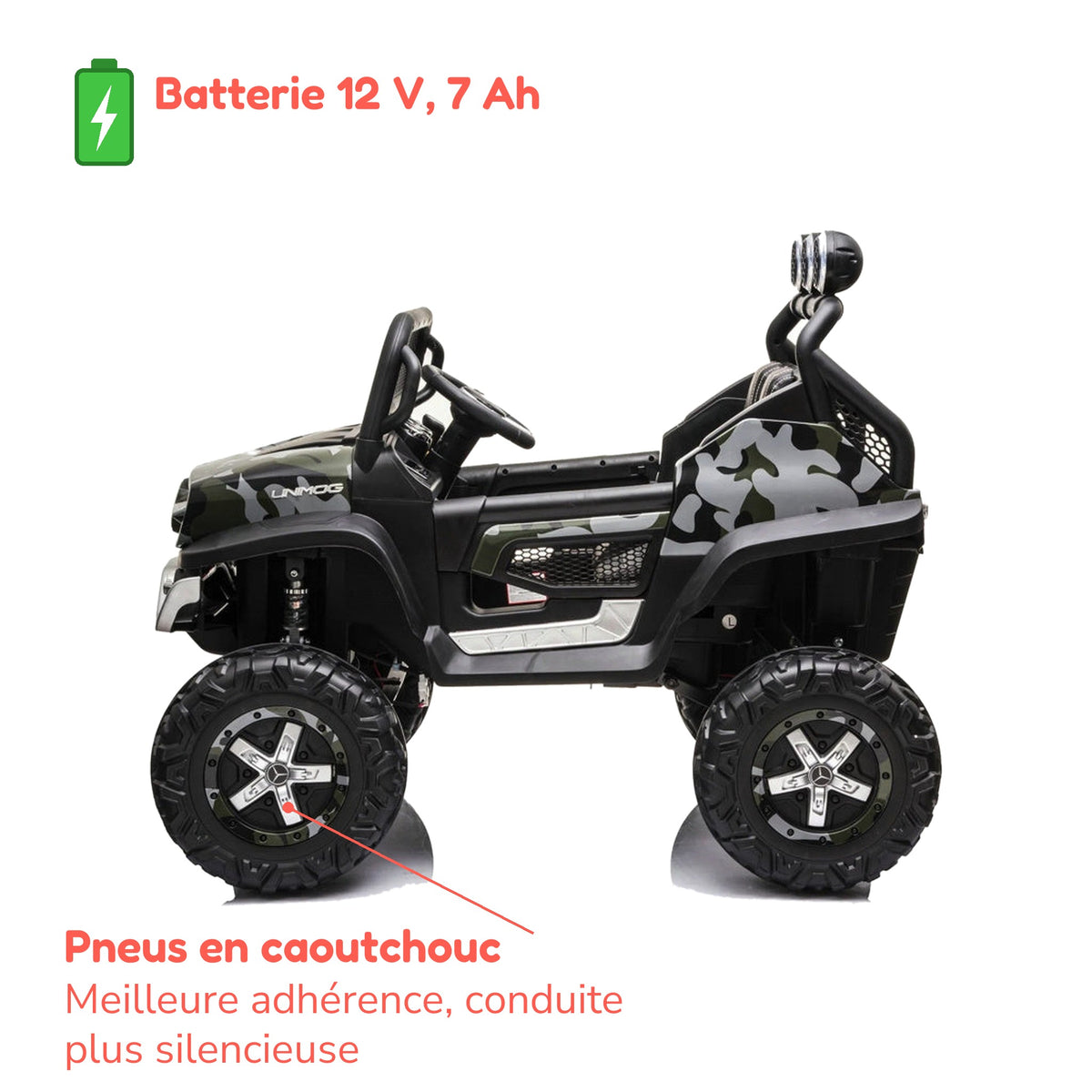 Batterie 12 V 7 Ah et pneus en caoutchouc du Mercedes Unimog enfant