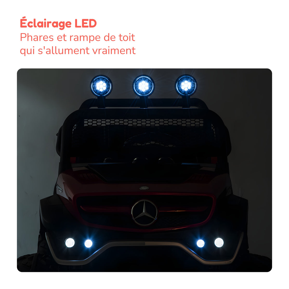 Phares et rampe de toit à LED allumés du Mercedes Unimog enfant