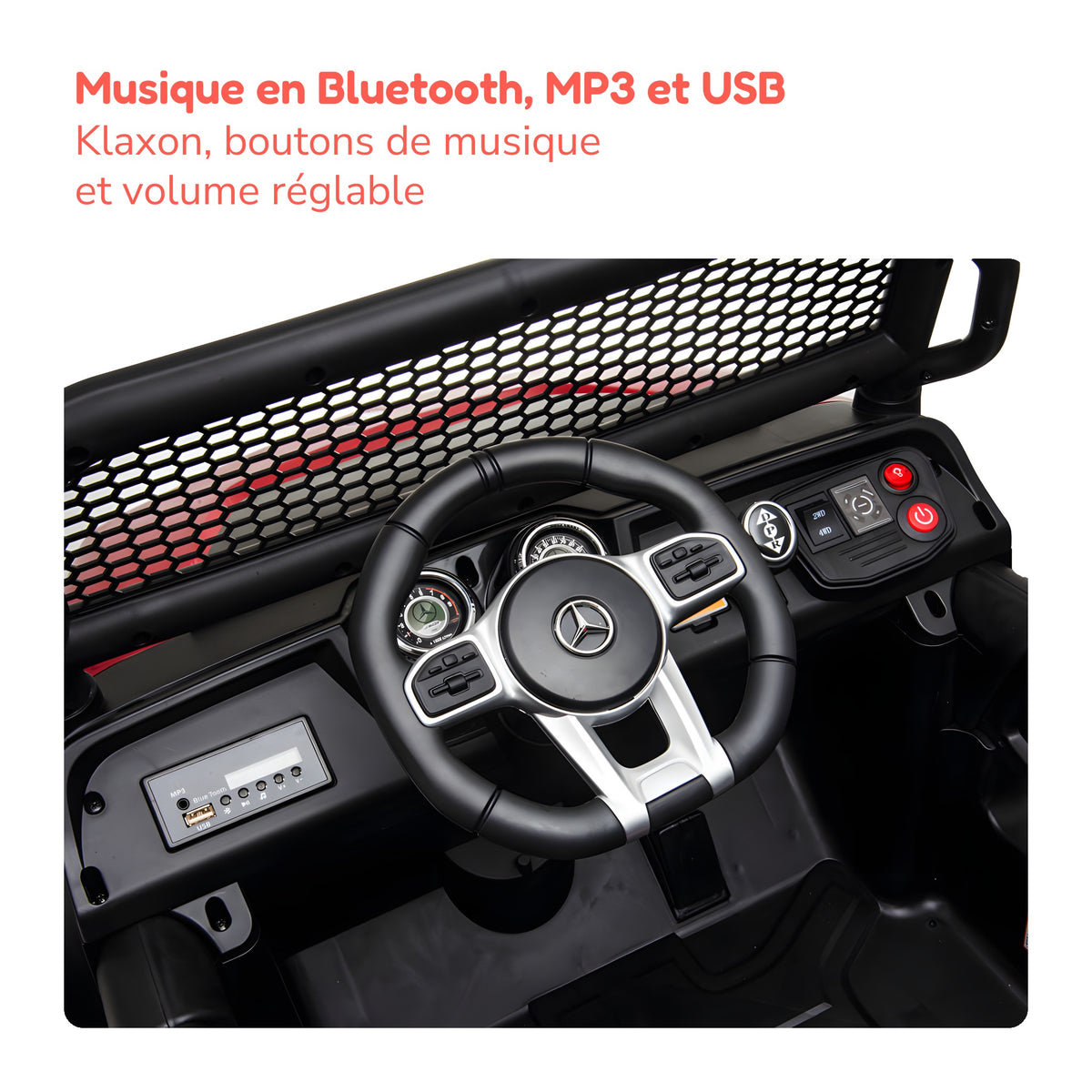 Tableau de bord du Mercedes Unimog enfant : musique en Bluetooth, MP3 et USB