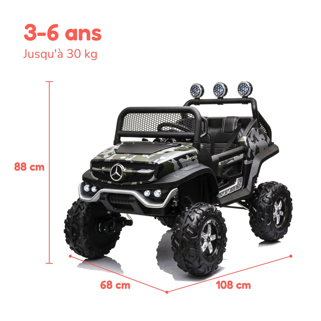 Dimensions du Mercedes Unimog enfant : 108 × 68 × 88 cm, de 3 à 6 ans, jusqu'à 30 kg