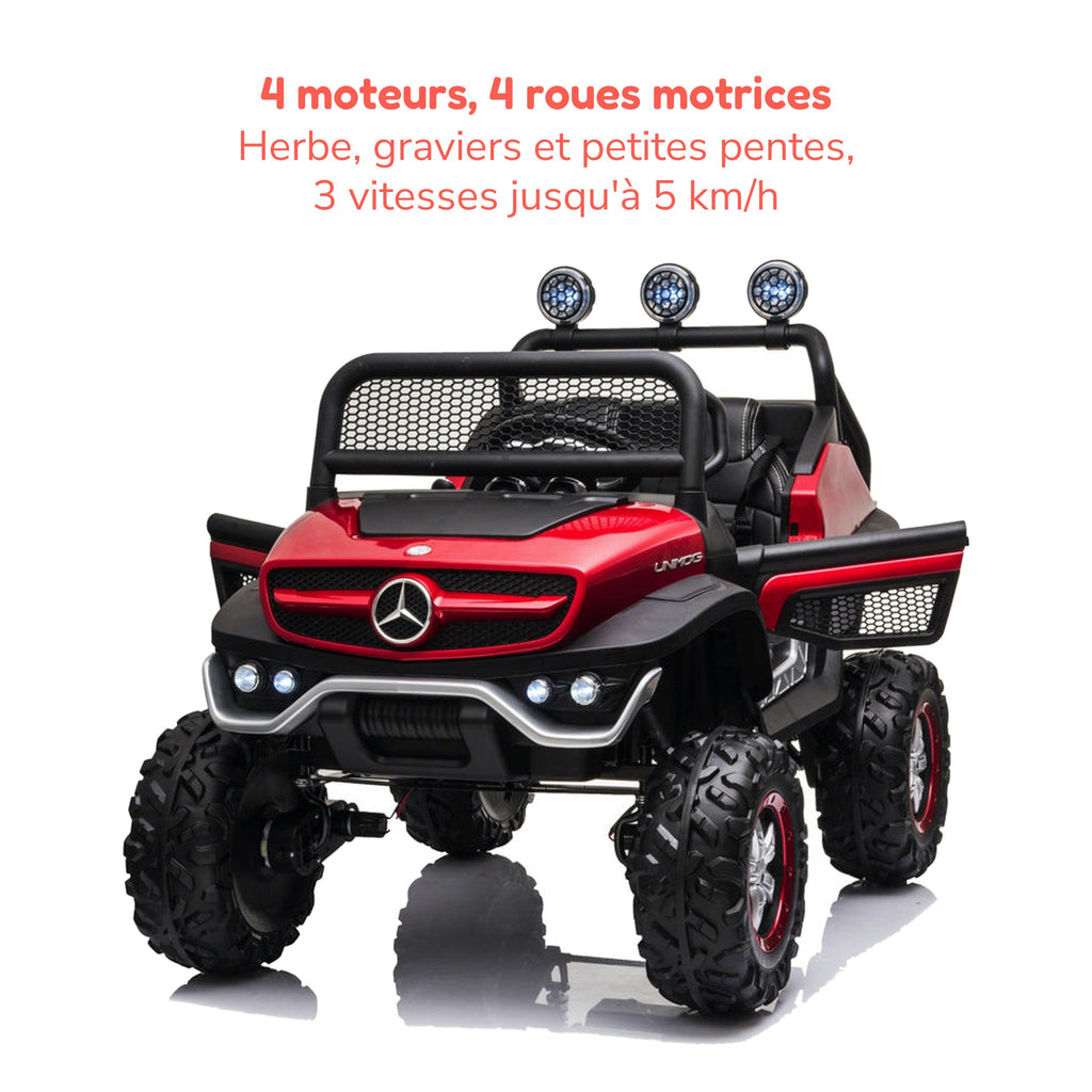 Mercedes Unimog rouge enfant, 4 moteurs, 4 roues motrices, 3 vitesses jusqu'à 5 km/h