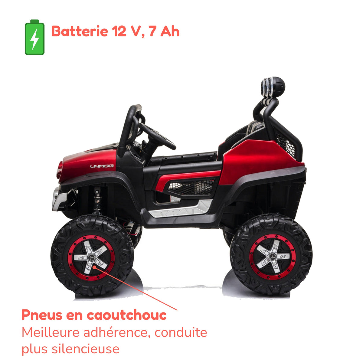 Batterie 12 V 7 Ah et pneus en caoutchouc du Mercedes Unimog enfant