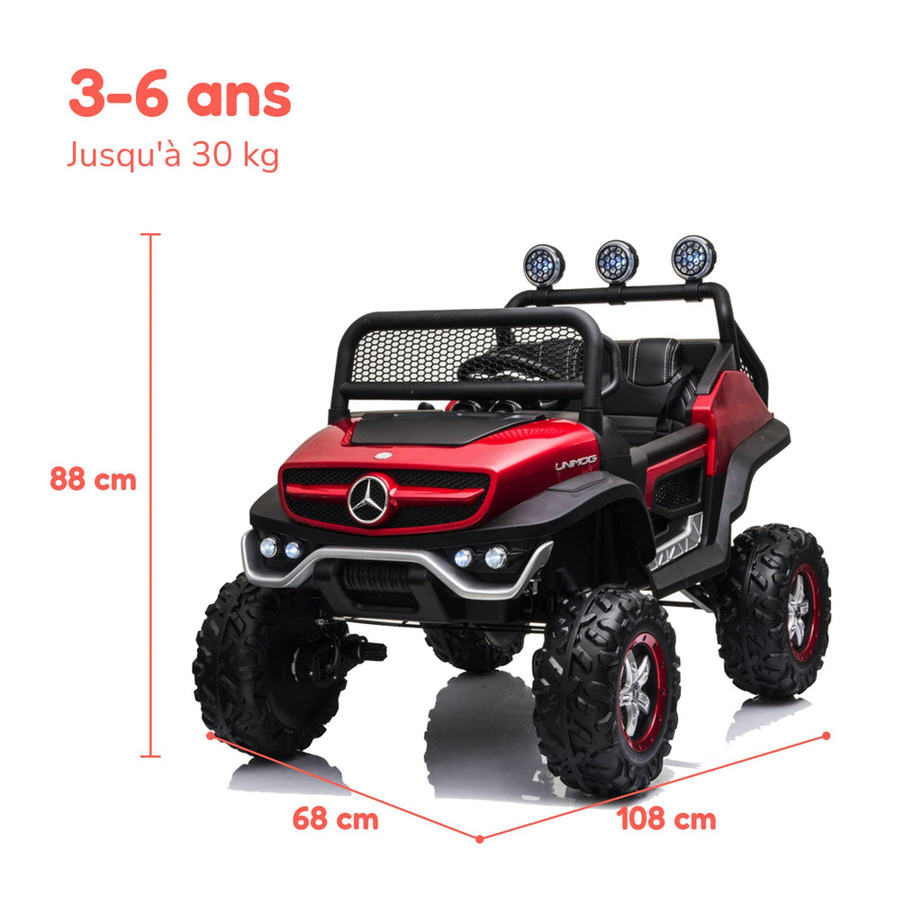 Dimensions du Mercedes Unimog enfant : 108 × 68 × 88 cm, de 3 à 6 ans, jusqu'à 30 kg