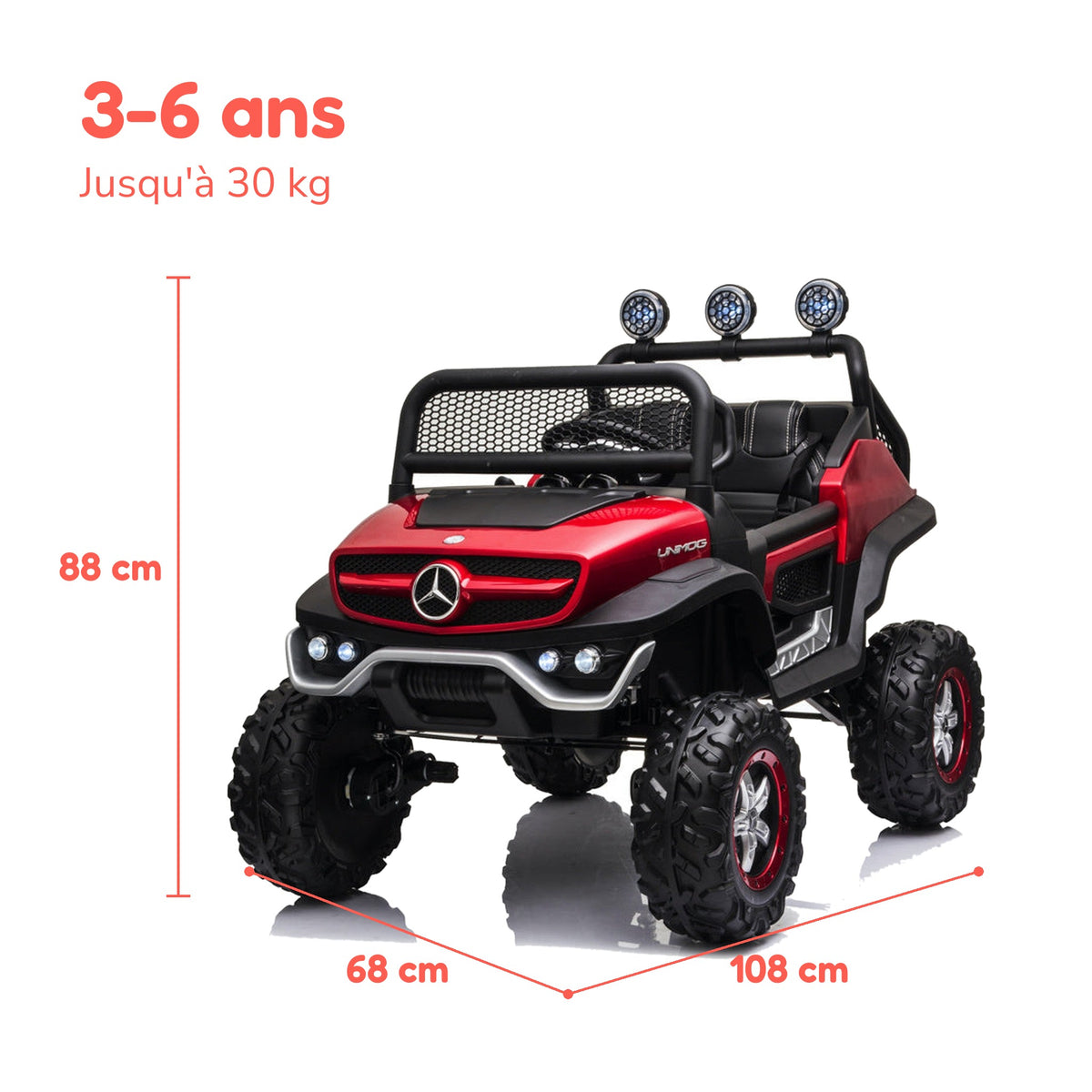 Dimensions du Mercedes Unimog enfant : 108 × 68 × 88 cm, de 3 à 6 ans, jusqu'à 30 kg