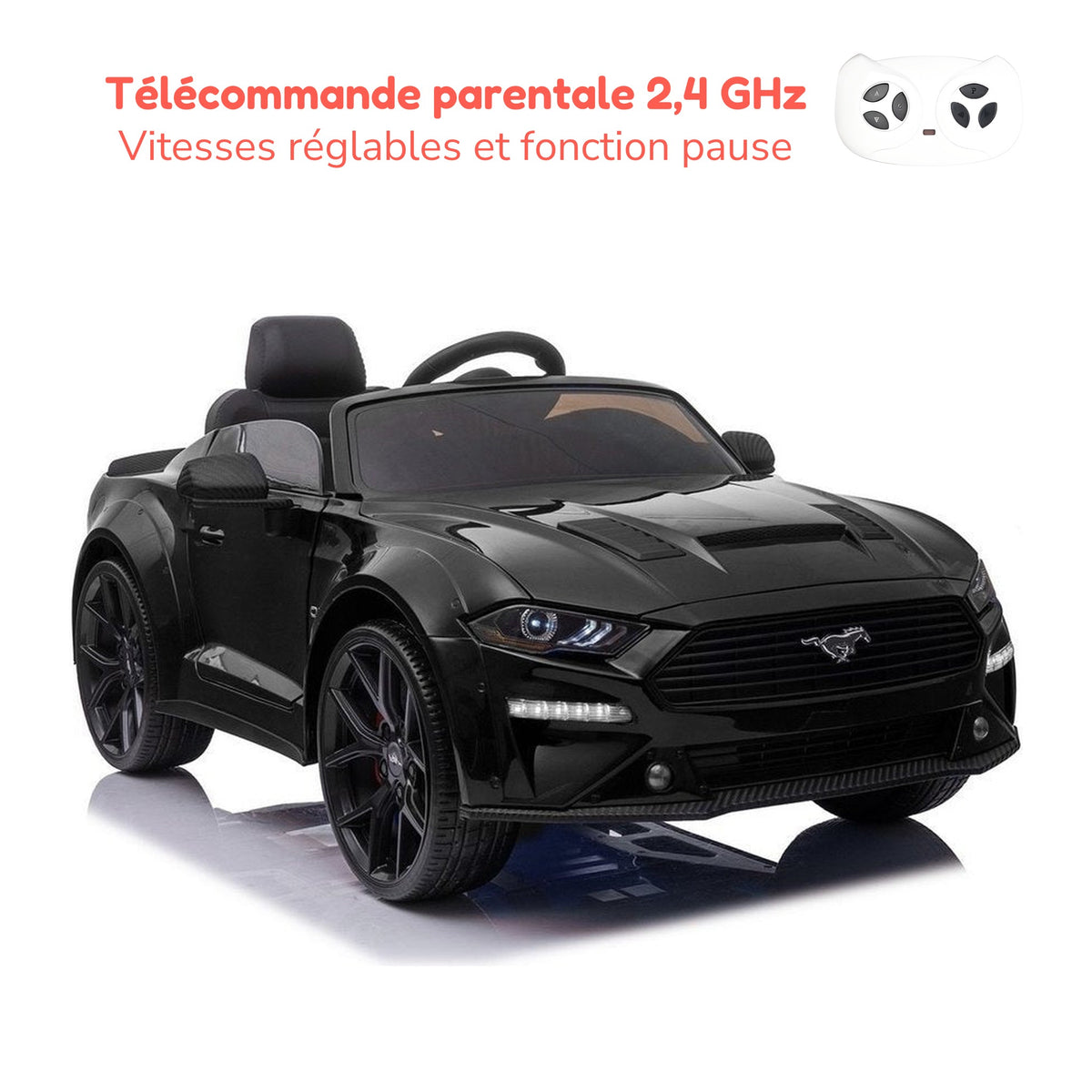Télécommande parentale 2,4 GHz de la Ford Mustang enfant, vitesses réglables et fonction pause