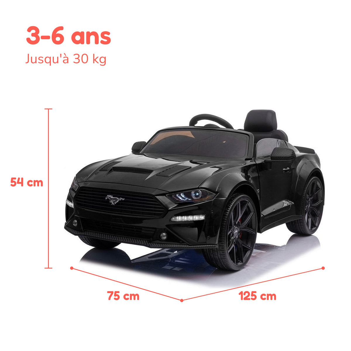 Dimensions de la Ford Mustang enfant, âge et charge maximale