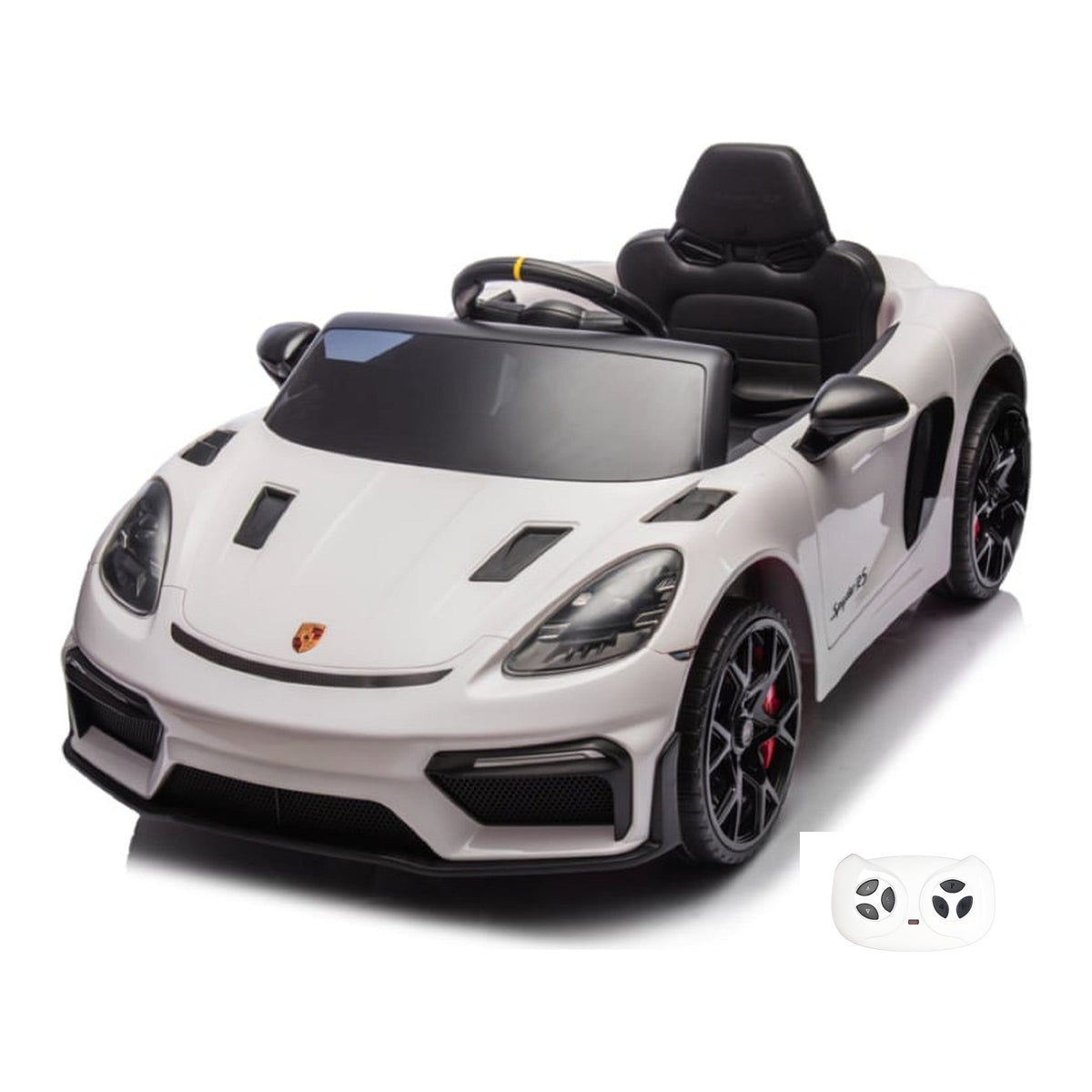 Porsche Spyder RS blanche, voiture électrique enfant 12V lithium, vue trois quarts avant avec sa télécommande