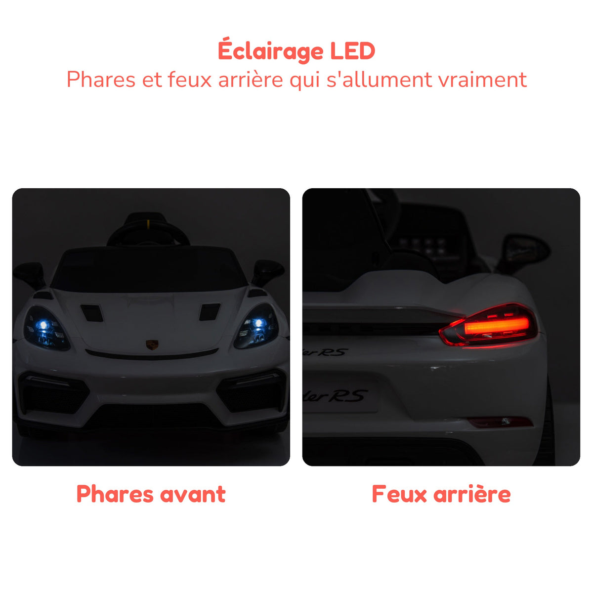 Phares et feux arrière à LED allumés de la Porsche Spyder RS enfant