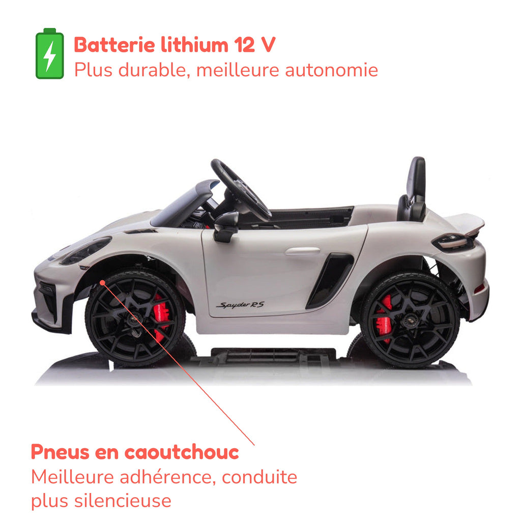 Batterie lithium 12 V plus durable, meilleure autonomie, et pneus en caoutchouc de la Porsche Spyder RS enfant