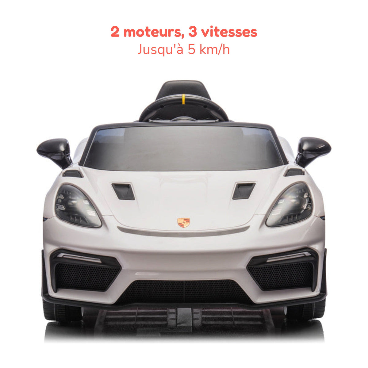 Porsche Spyder RS blanche enfant de face, 2 moteurs et 3 vitesses jusqu'à 5 km/h
