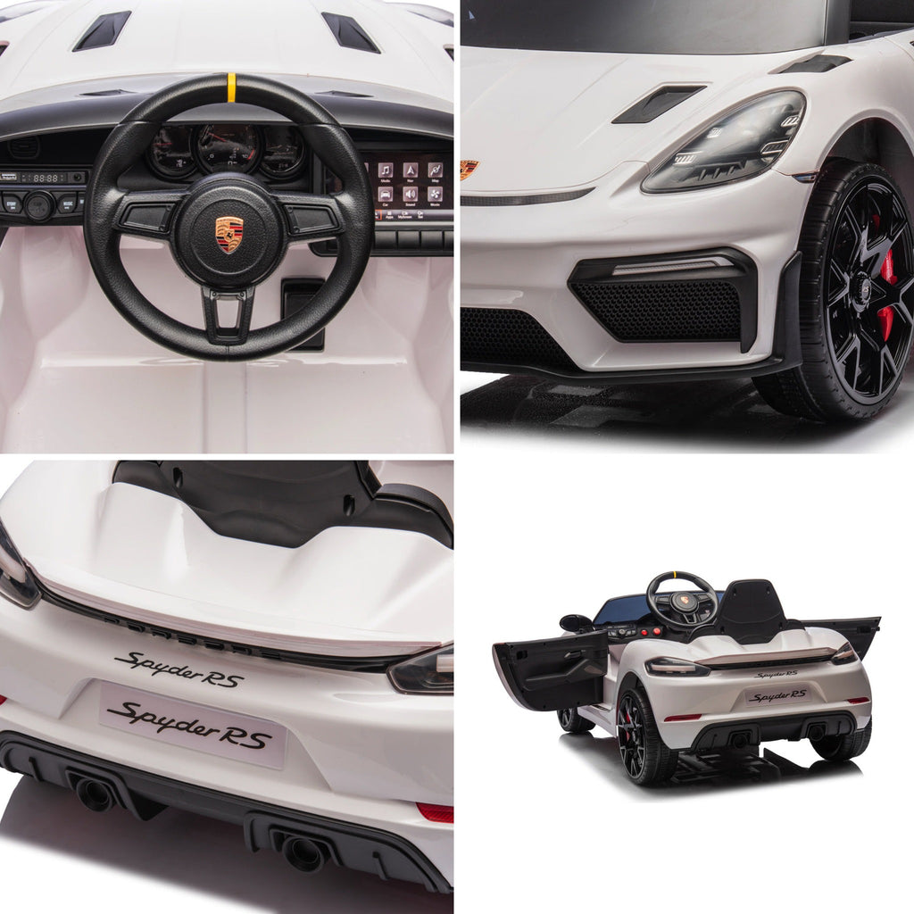 Détails de la Porsche Spyder RS blanche enfant : volant, jante, intérieur et arrière