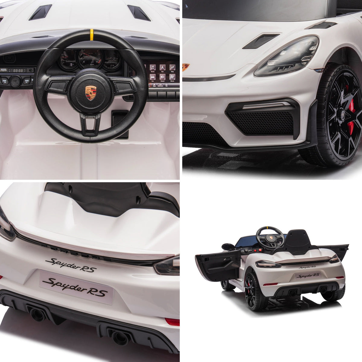 Détails de la Porsche Spyder RS blanche enfant : volant, jante, intérieur et arrière