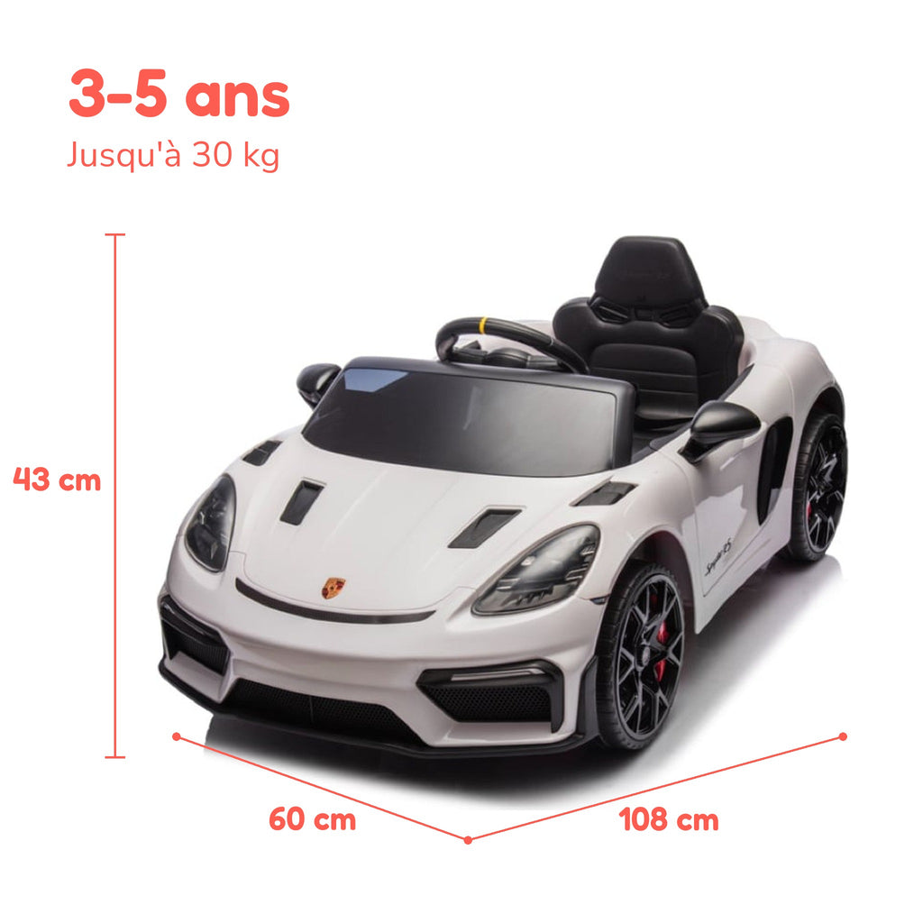 Dimensions de la Porsche Spyder RS enfant : 108 × 60 × 43 cm, de 3 à 5 ans, jusqu'à 30 kg