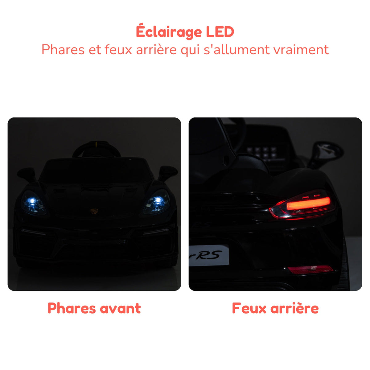Phares et feux arrière à LED allumés de la Porsche Spyder RS enfant