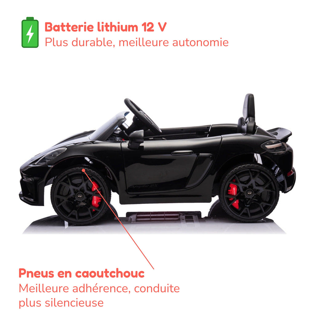 Batterie lithium 12 V plus durable, meilleure autonomie, et pneus en caoutchouc de la Porsche Spyder RS enfant