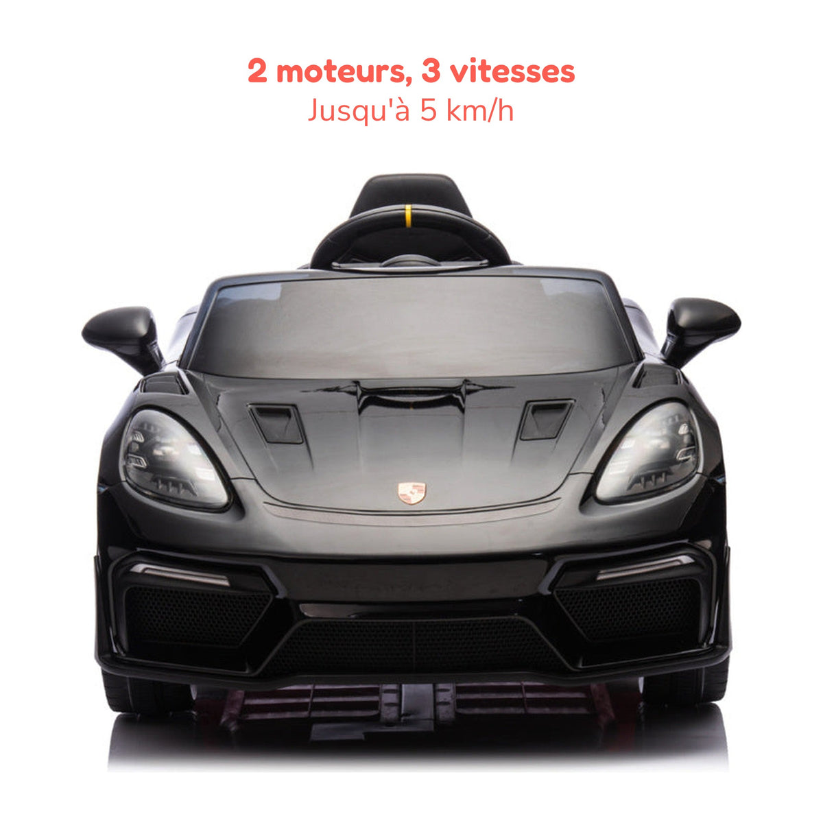 Porsche Spyder RS noire enfant de face, 2 moteurs et 3 vitesses jusqu'à 5 km/h