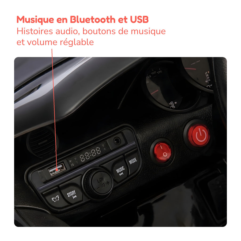 Tableau de bord de la Porsche Spyder RS enfant : musique Bluetooth et USB, histoires audio, volume réglable