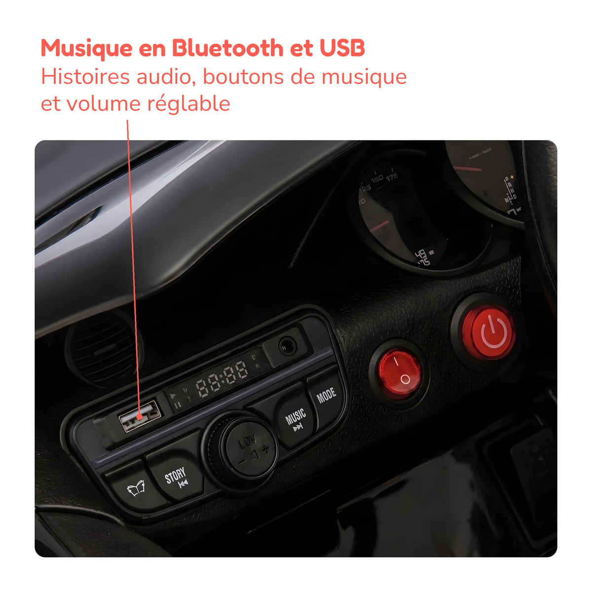 Tableau de bord de la Porsche Spyder RS enfant : musique Bluetooth et USB, histoires audio, volume réglable