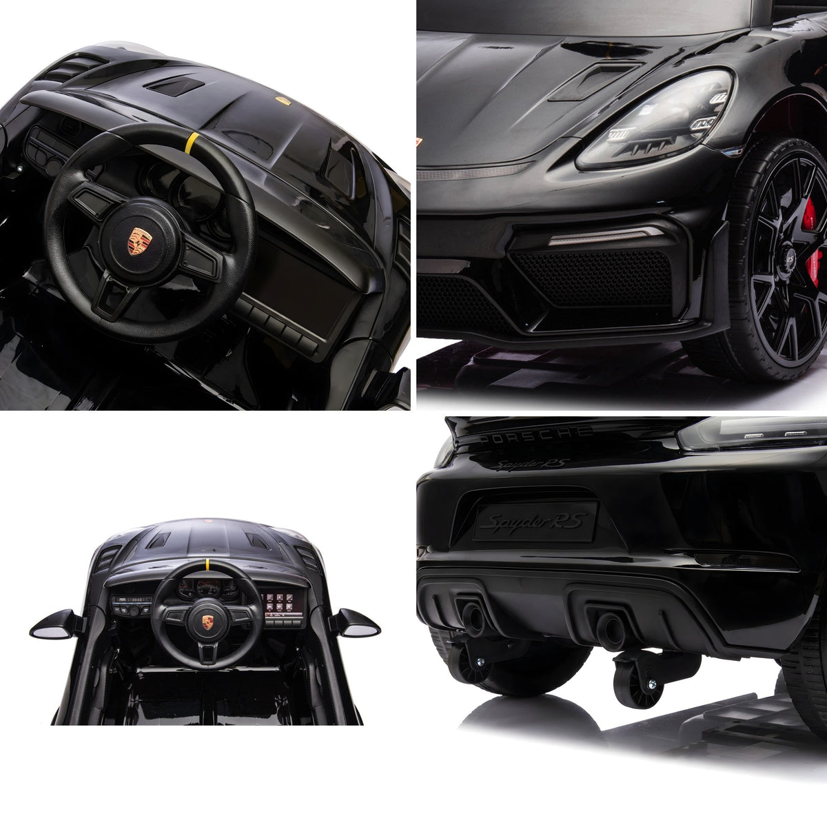 Détails de la Porsche Spyder RS noire enfant : volant, jante, intérieur et arrière