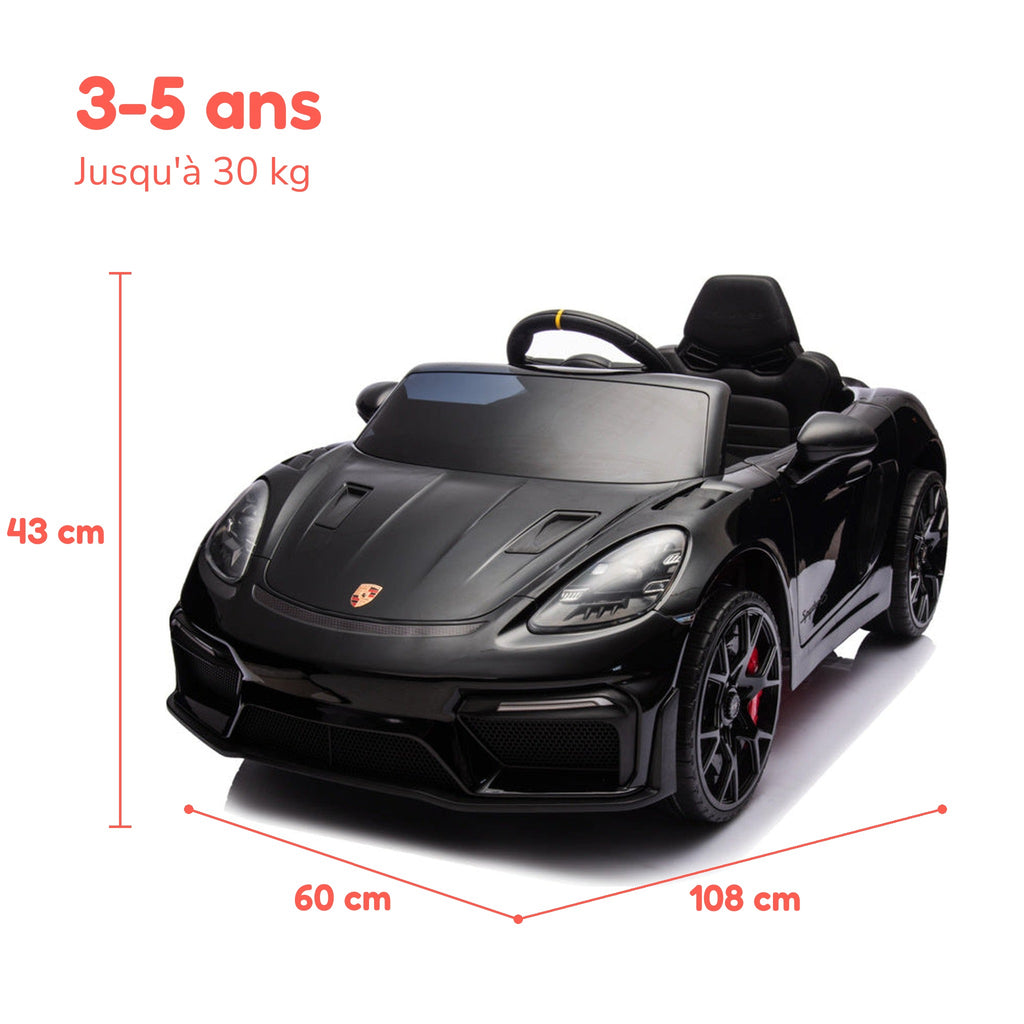 Dimensions de la Porsche Spyder RS enfant : 108 × 60 × 43 cm, de 3 à 5 ans, jusqu'à 30 kg