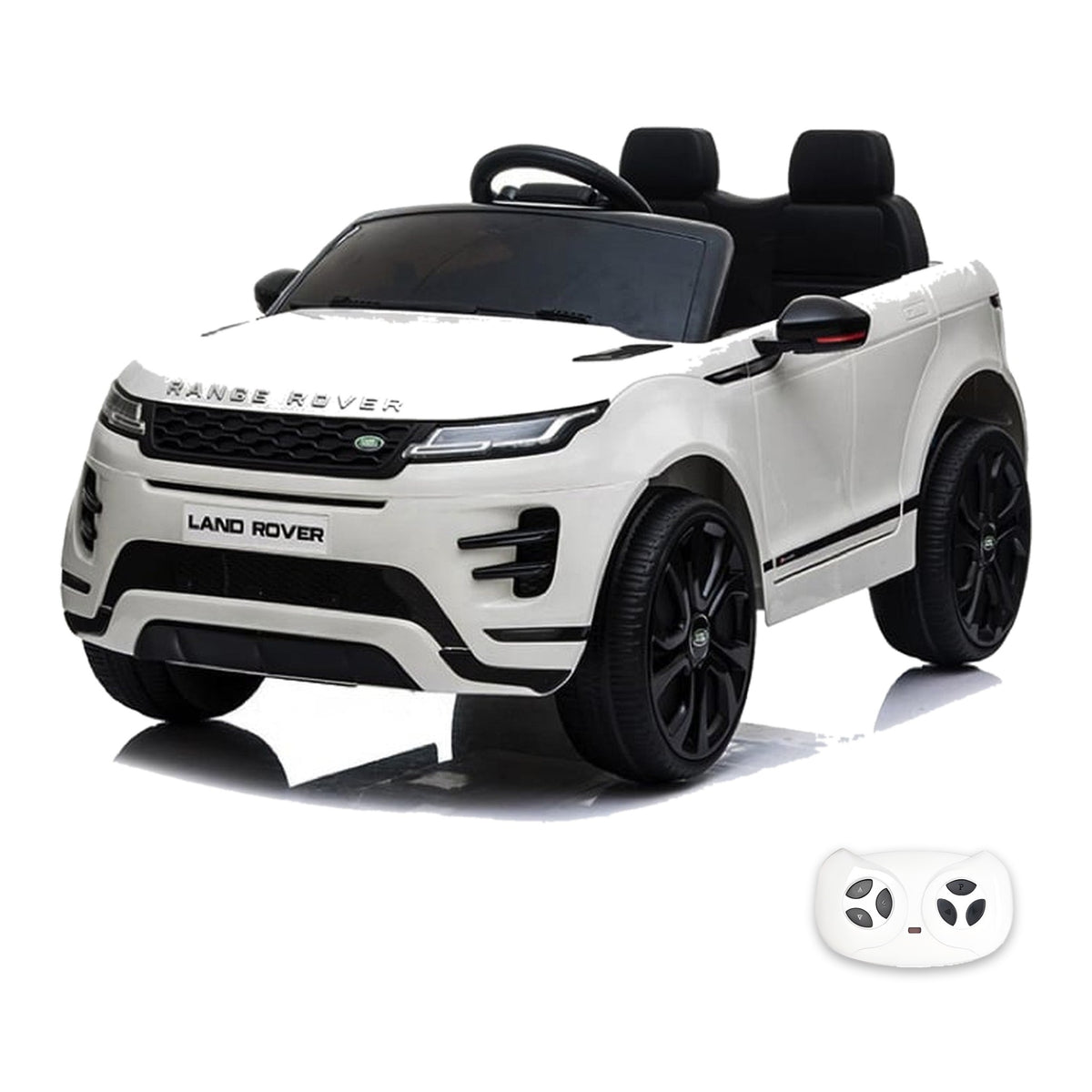Range Rover Evoque blanc, voiture électrique enfant 12V, vue trois quarts avant avec sa télécommande