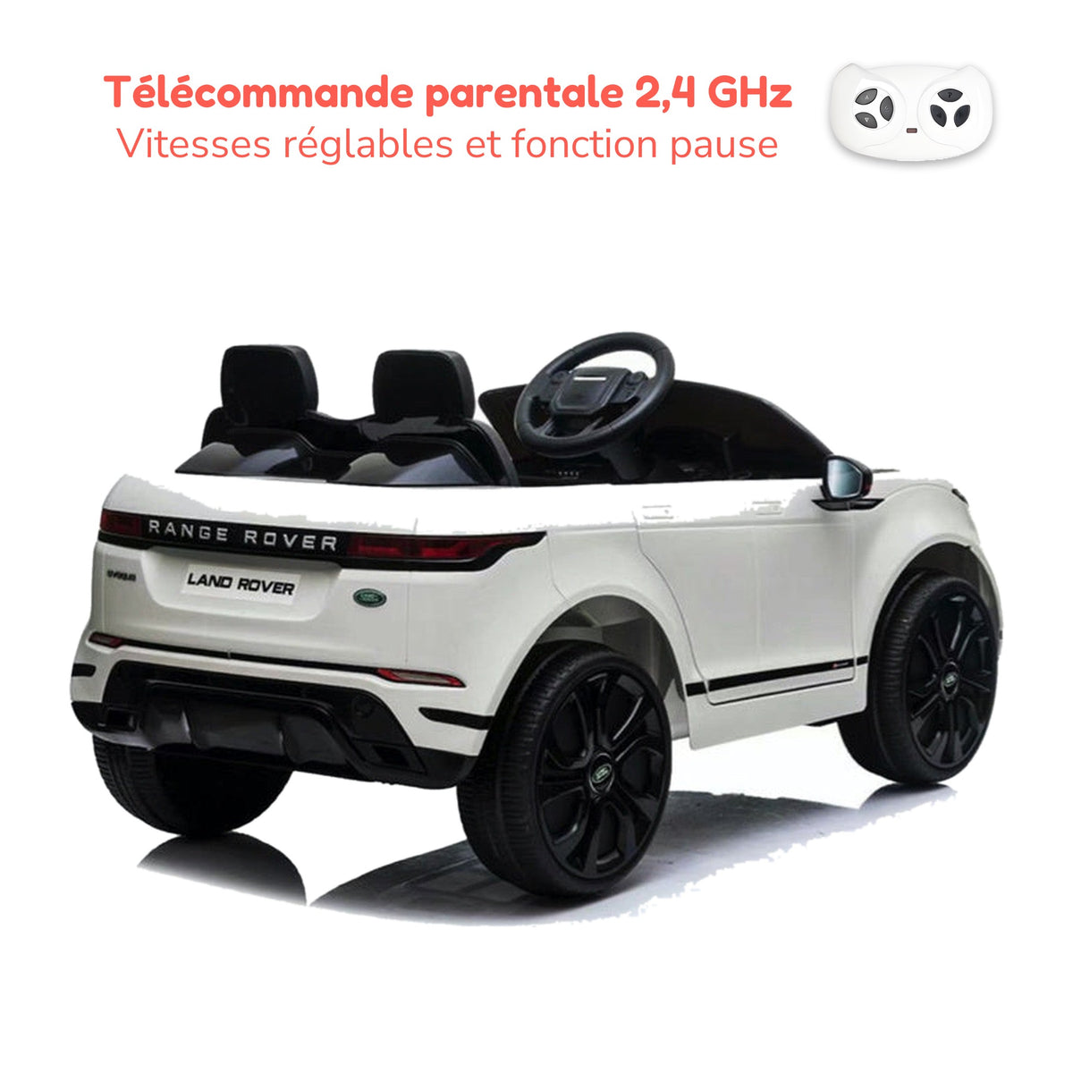 Télécommande parentale 2,4 GHz du Range Rover Evoque enfant, vitesses réglables et fonction pause