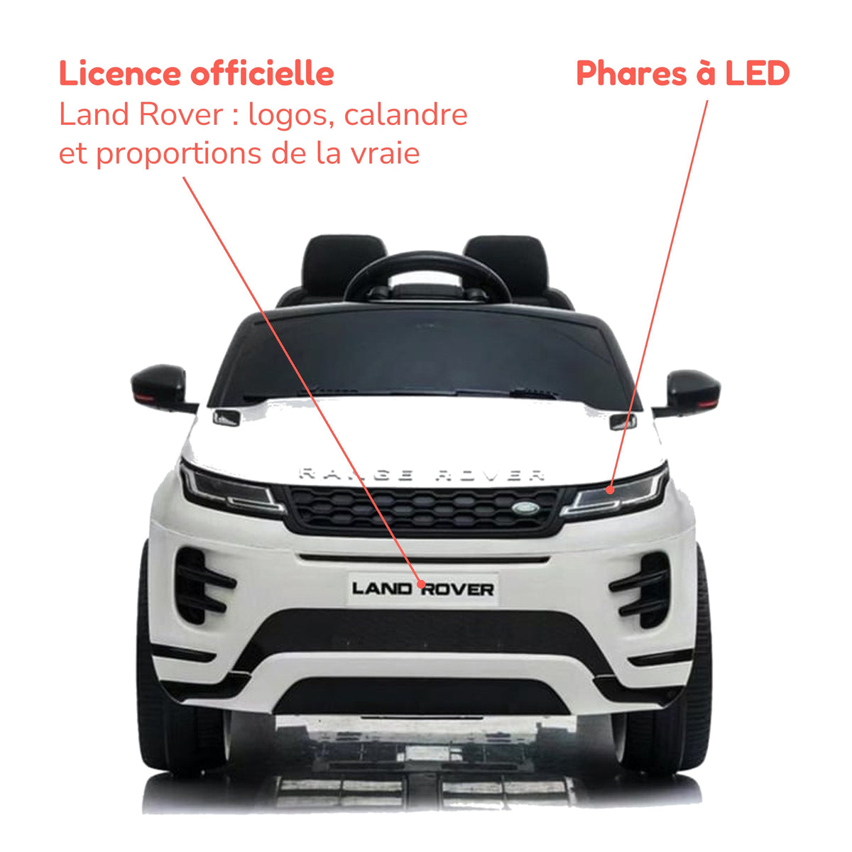 Range Rover Evoque blanc enfant sous licence officielle Land Rover, phares à LED