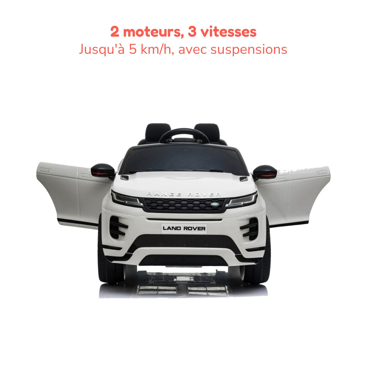 Range Rover Evoque blanc enfant portes ouvertes, 2 moteurs, 3 vitesses jusqu'à 5 km/h, avec suspensions