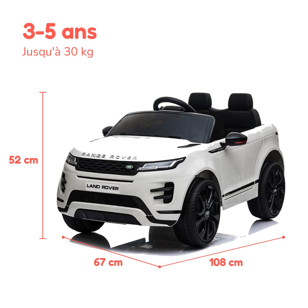Dimensions du Range Rover Evoque enfant : 108 × 67 × 52 cm, de 3 à 5 ans, jusqu'à 30 kg