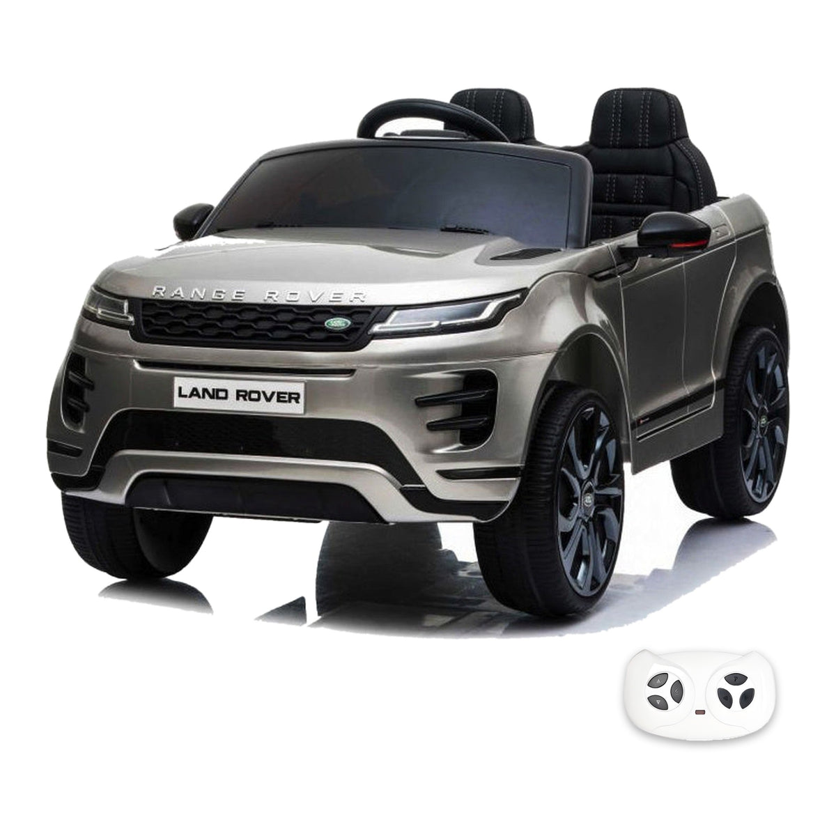 Range Rover Evoque gris, voiture électrique enfant 12V, vue trois quarts avant avec sa télécommande