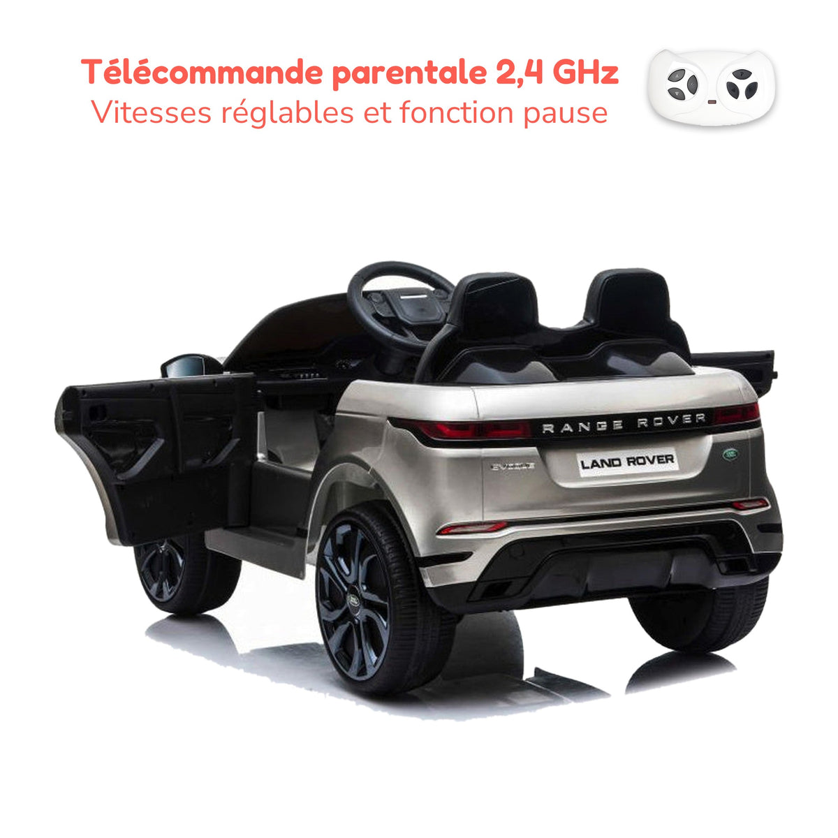 Télécommande parentale 2,4 GHz du Range Rover Evoque enfant, vitesses réglables et fonction pause