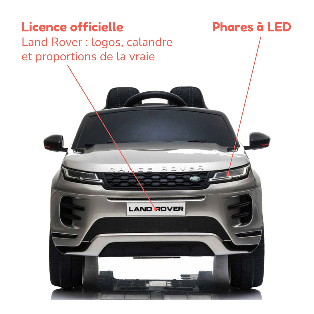 Range Rover Evoque gris enfant sous licence officielle Land Rover, phares à LED