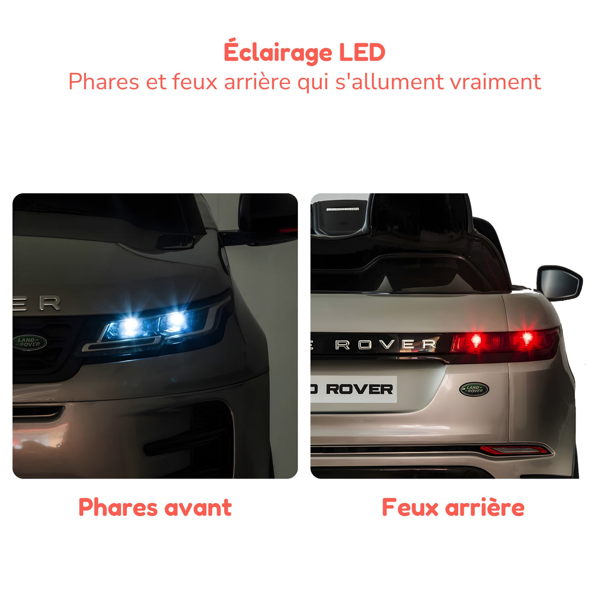 Phares et feux arrière à LED allumés du Range Rover Evoque enfant
