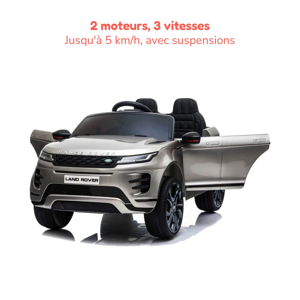 Range Rover Evoque gris enfant portes ouvertes, 2 moteurs, 3 vitesses jusqu'à 5 km/h, avec suspensions