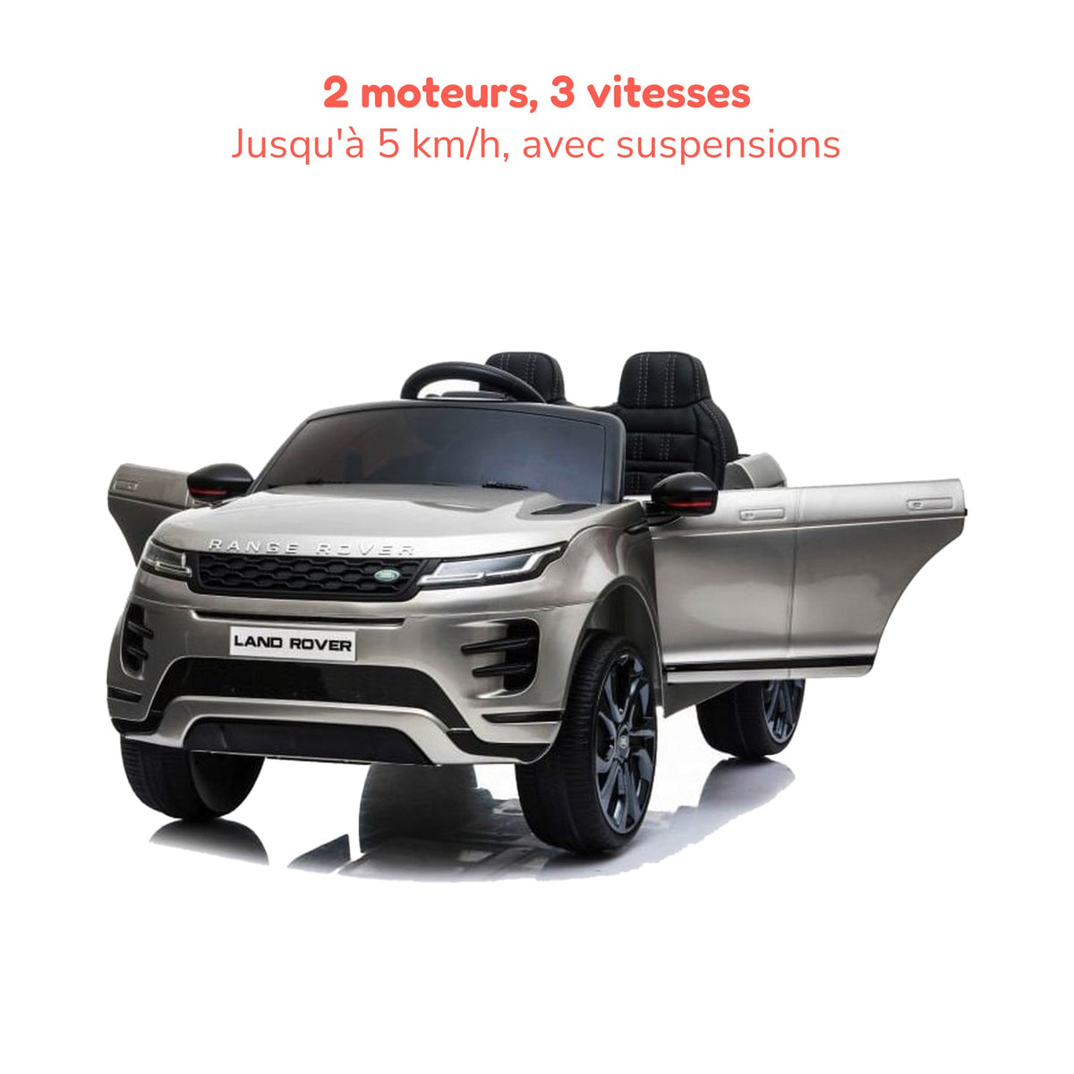 Range Rover Evoque gris enfant portes ouvertes, 2 moteurs, 3 vitesses jusqu'à 5 km/h, avec suspensions
