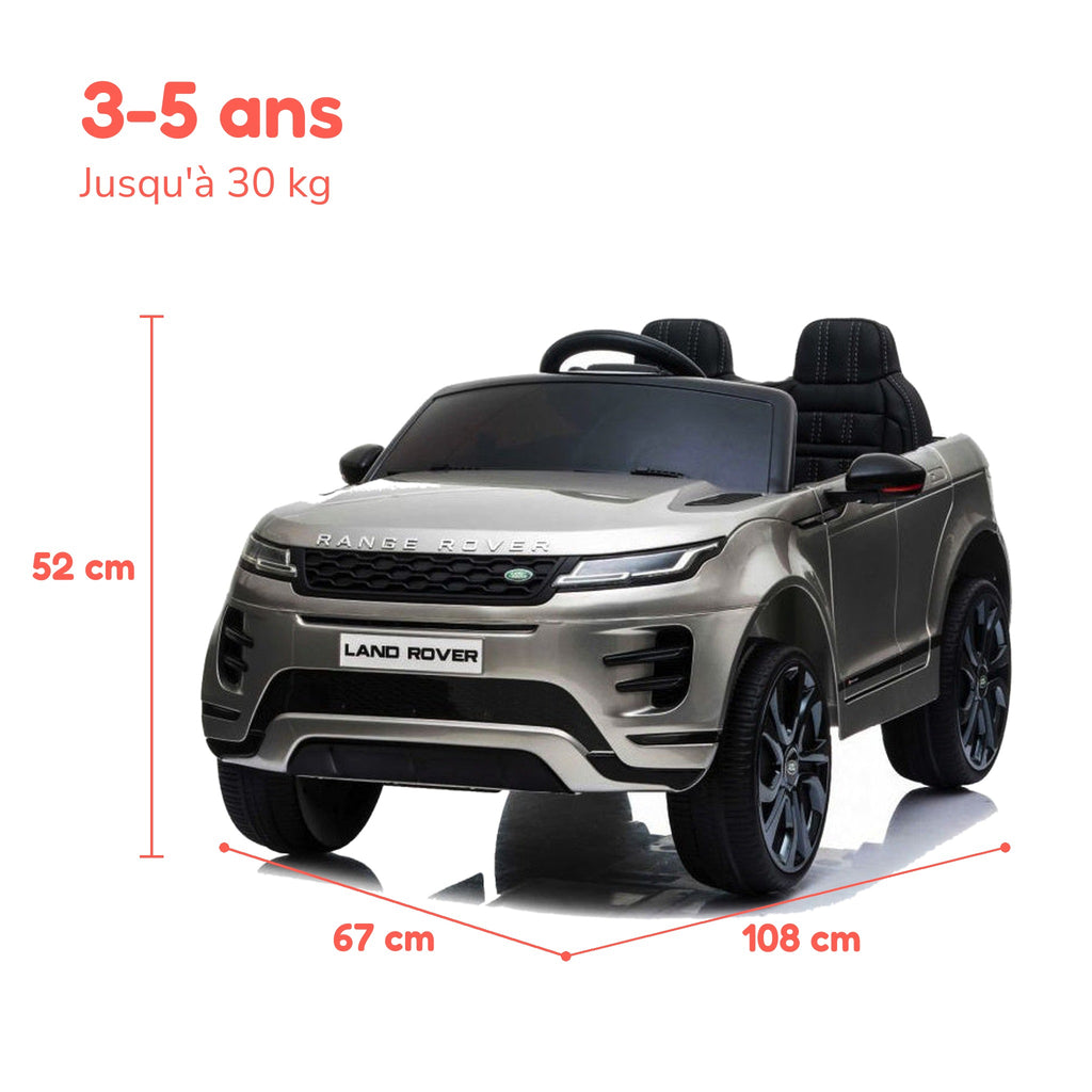 Dimensions du Range Rover Evoque enfant : 108 × 67 × 52 cm, de 3 à 5 ans, jusqu'à 30 kg